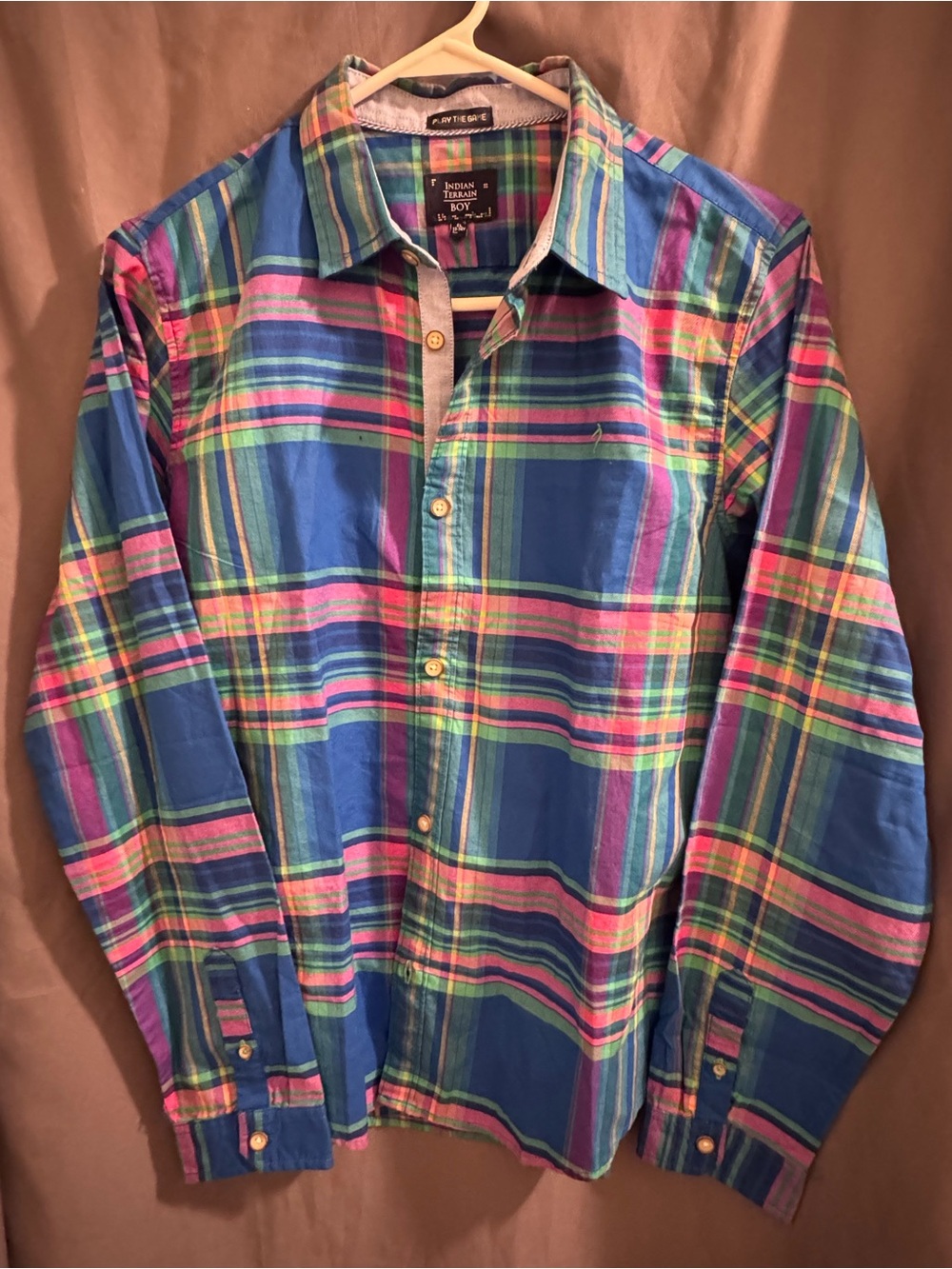 Indian Terrain Blue Plaid Button-Down Shirt with Pink & Green Accents-0035